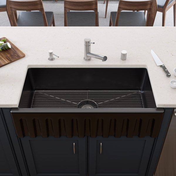 ALFI Brand - 36  Black Gloss Reversible Smooth   Fluted Single Bowl Fireclay Farm Sink | AB3618HS-BG Fashion