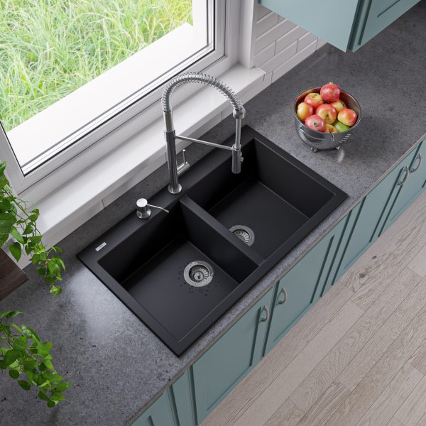 ALFI Brand - Black 34  Drop-In Double Bowl Granite Composite Kitchen Sink | AB3420DI-BLA Discount