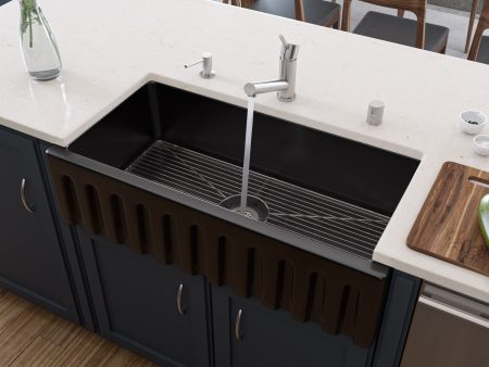 ALFI Brand - 36  Black Gloss Reversible Smooth   Fluted Single Bowl Fireclay Farm Sink | AB3618HS-BG Fashion