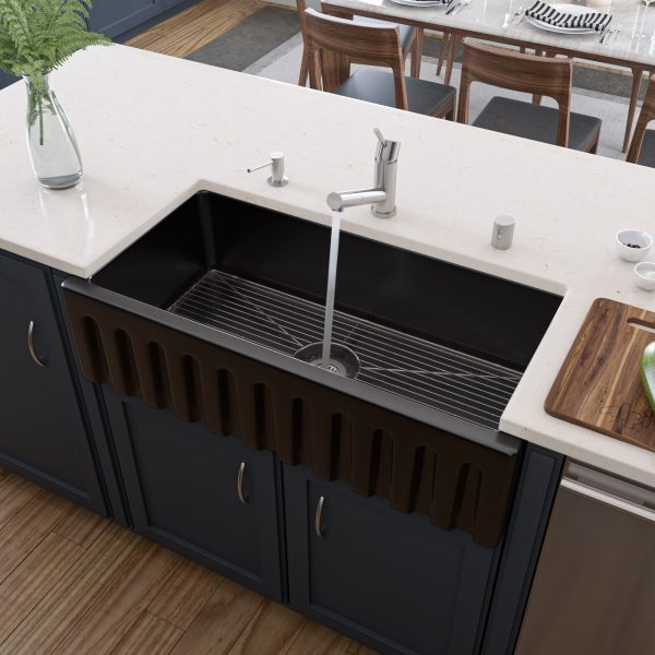 ALFI Brand - 36  Black Gloss Reversible Smooth   Fluted Single Bowl Fireclay Farm Sink | AB3618HS-BG Fashion